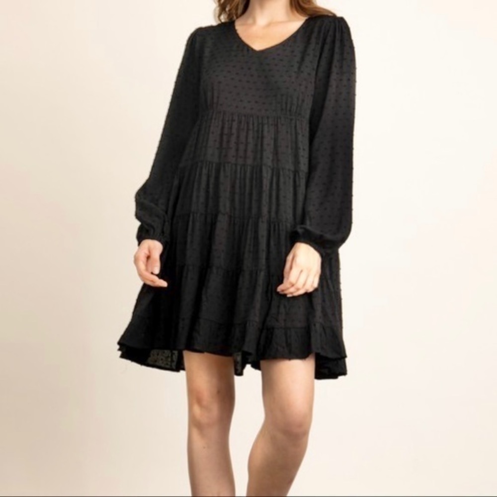 Swiss Dot Babydoll Tiered Dress- Black- Various